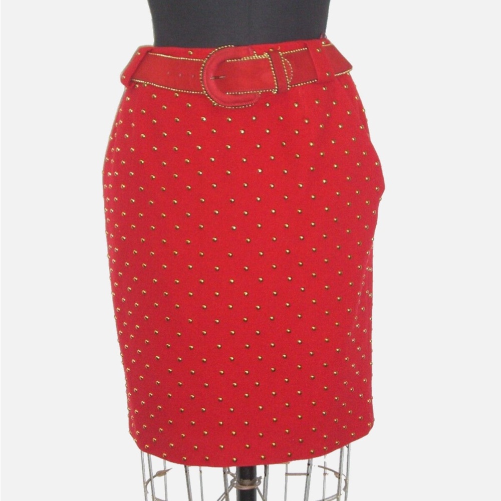 VINTAGE ANNE KLEIN red wool cashmere skirt with nailheads and belt